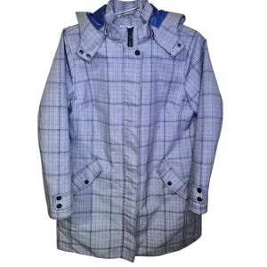 Boden Plaid Hooded Trench Coat Women US 12 UK 16 Blue White Snap Button Zip